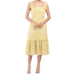 BCBG Eneration Women's Ruffle Strap Square Neck yellow Floral Midi Dress…